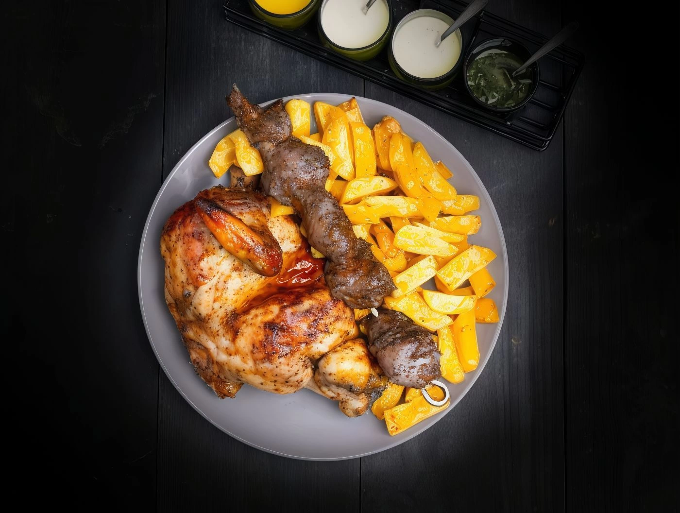 1/4 de pollo + papas fritas + 1 anticucho 